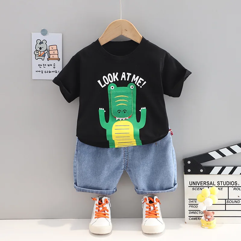 

Summer Baby Boy Clothes Outfits Cartoon O-Neck Pullover Short Sleeved T-shirts Tops and Denim Shorts Toddler Boys Clothing Set