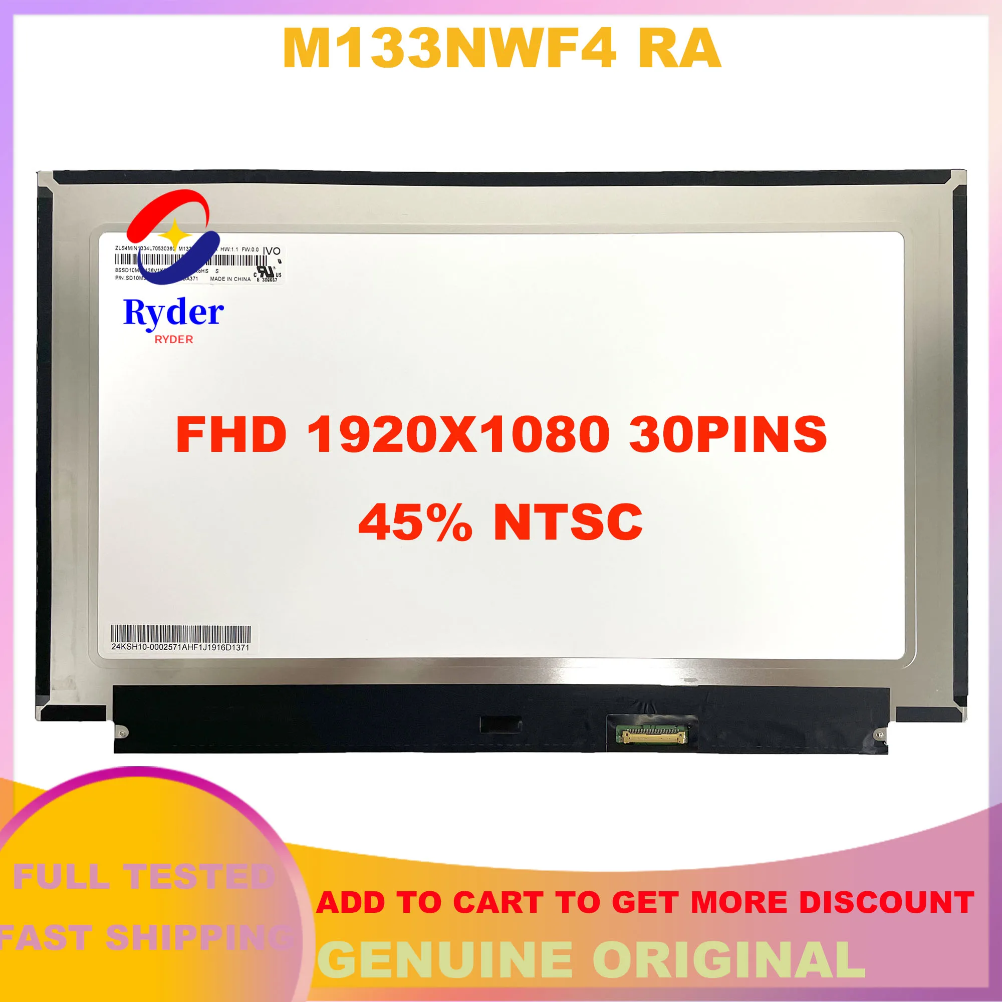 

ЖК-экран для ноутбука 13,3 дюйма, панель дисплея M133NWF4 RA IPS 45% NTSC FHD 1920*1080 30 контактов EDP 60 Гц P/N SD10M34136 FRU 02DA371