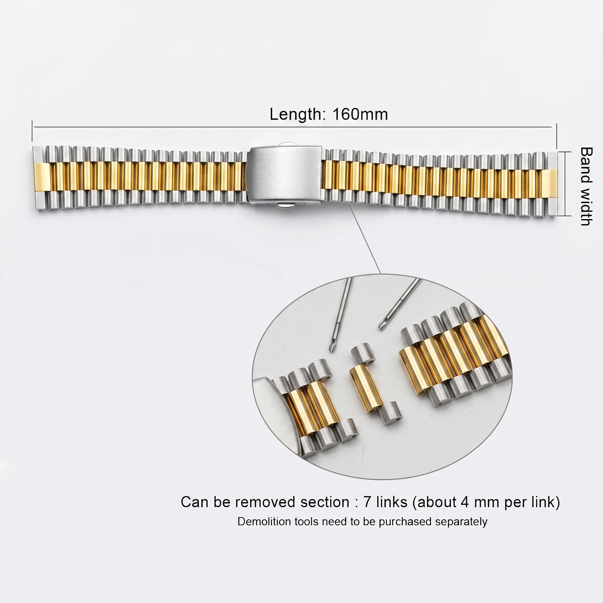 Two-Tone Stainless Steel Watch Band - Universal Straight End Bracelet Strap