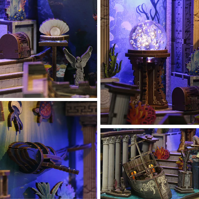 DIY Book Nook Shelf Insert Kits Riddle On The Seabed Bookshelf Wooden Miniature Model Kit Handmade Bookend Friends Xmas Gifts 6