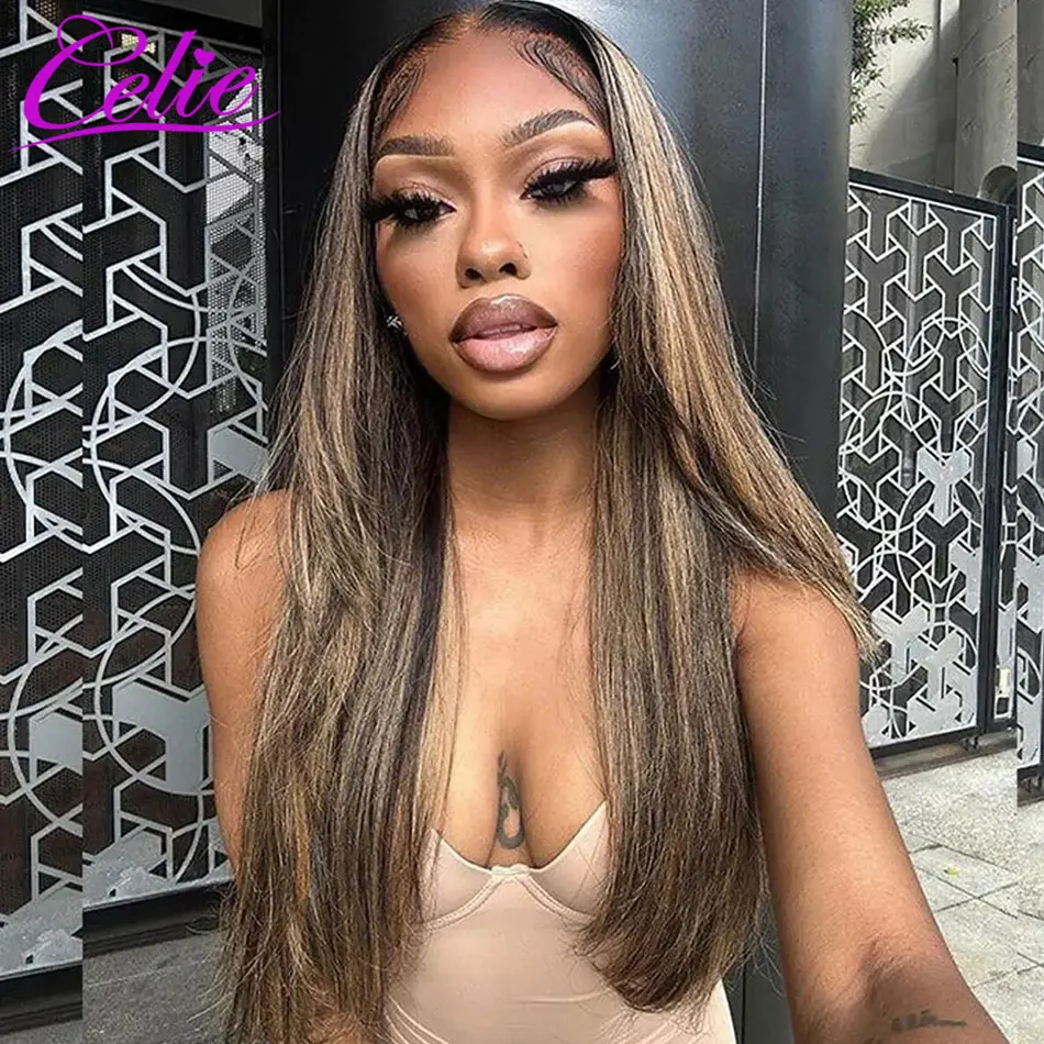 Celie Highlight Straight Wig With Layered Cut Pre Bleached Human Hair Wigs 200 Density Wear&Go Glueless 6x5 HD Lace Closure Wig