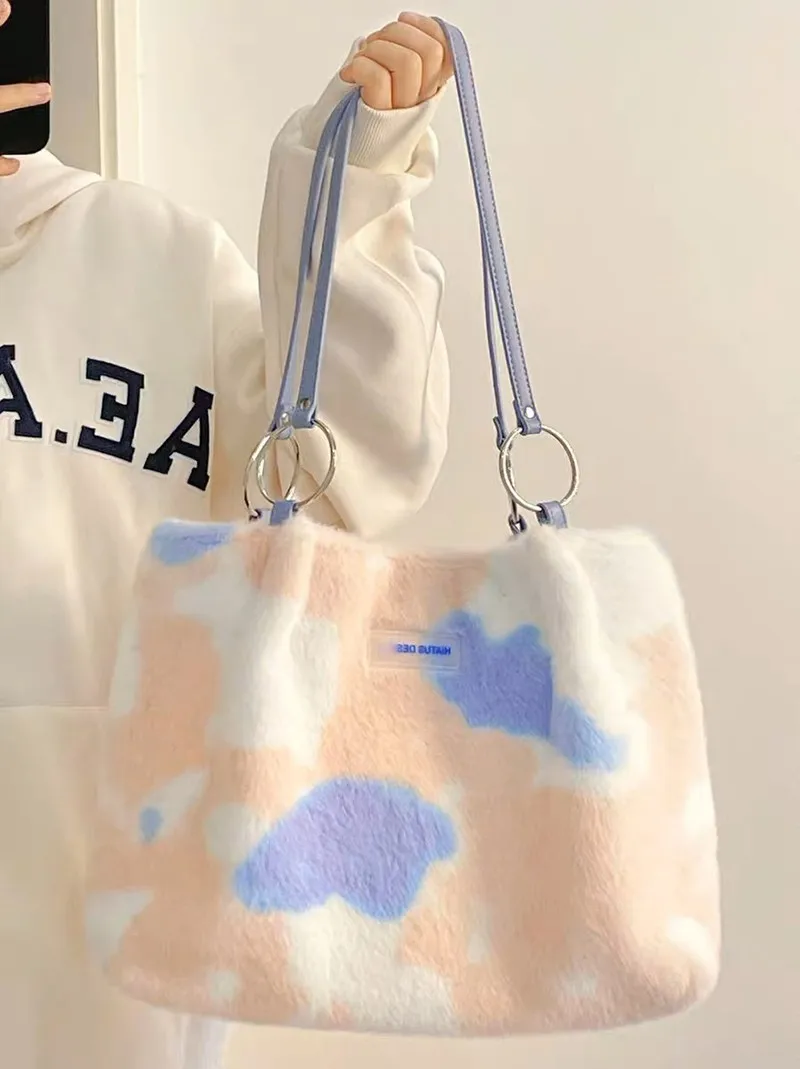 NEW Plush Shoulder Bag Autumn Winter Large Capacity Tote Handbag Student Bookbag Daily Commute Leisure Soft Shopper Storage Bag