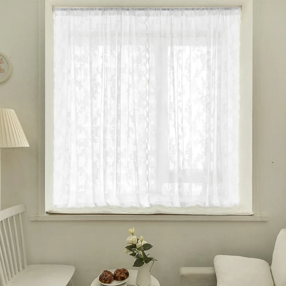 Lace Plant Beauty Flower Curtains 1 Piece Finished Rod Outdoor Pastoral Style White Yarn Curtains Bedroom Convex Window Decoration