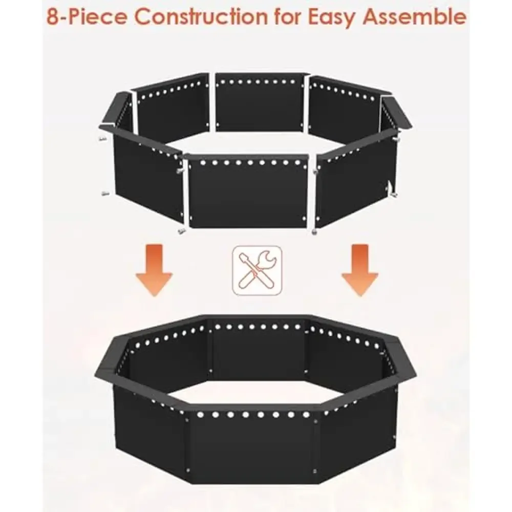Ventilated Octagonal Fire Pit Ring 35" Solid Steel Liner DIY Firepit Outdoor Camping BBQ Party Year-Round Warmth Ambiance Easy