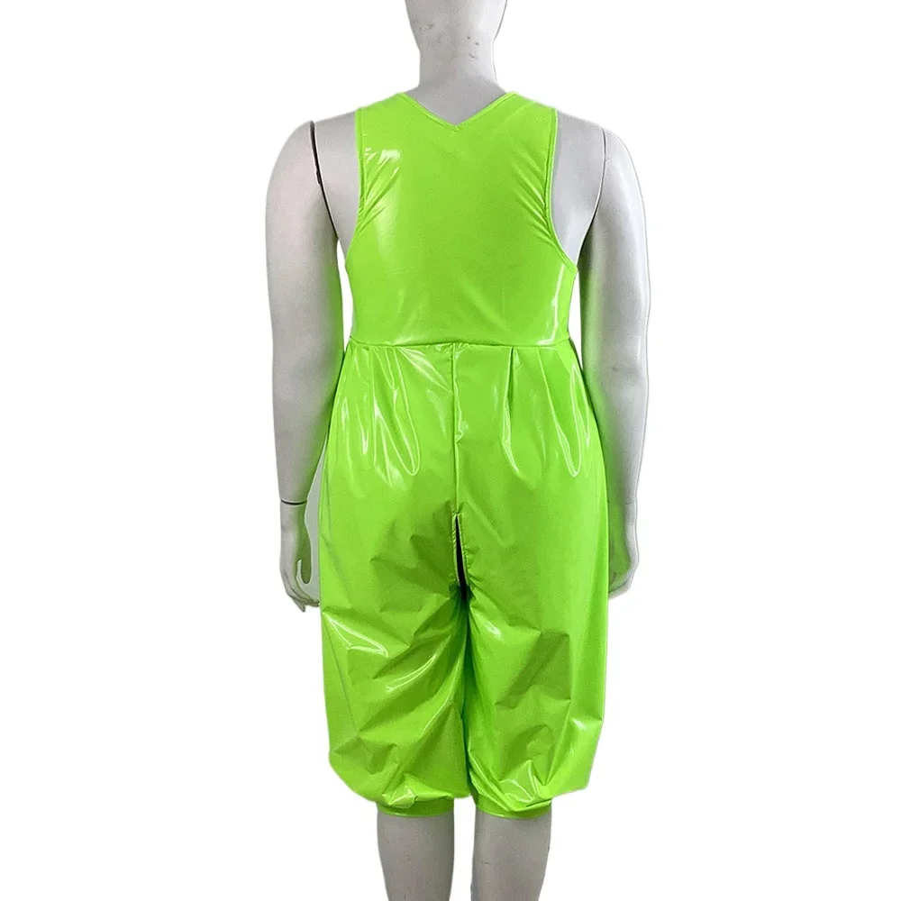 Plus Size Punk Zipper Rompers Sexy Adjustable Suspenders Bloomers Jumpsuit Wetlook PVC Leather Knee-length Bodysuit Clubwear 3