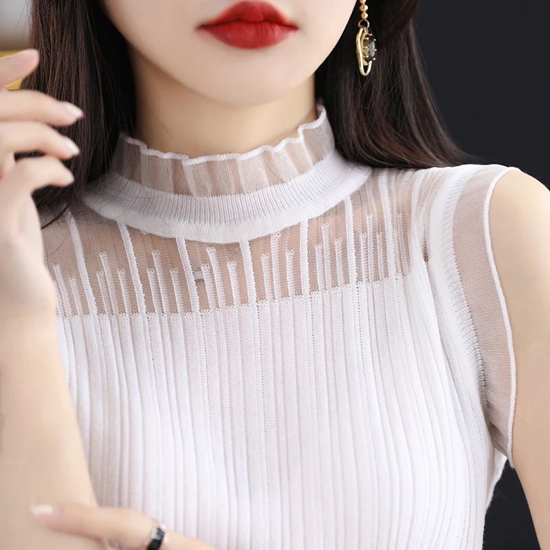 

Spring/Summer New Half High Collar Wooden Ear Edge Lace Hollow Tank Women's Sleeveless Versatile Wool Solid Knitte Bottom Top