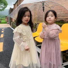 

Dress Full Sleeve Above Knee Length Pullover A-line Solid Regular Cotton New Fashion Simple Sweet Spring Autumn Children Girls