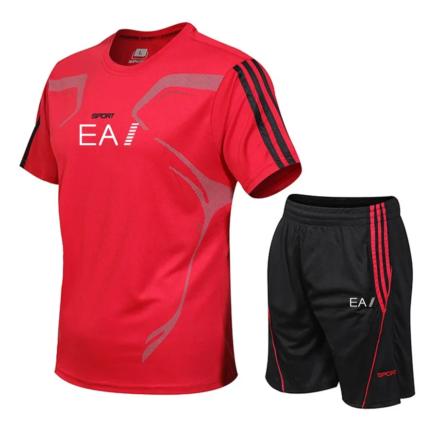 2025 Men's fashion fast drying short-sleeved T-shirt + shorts two-piece summer breathable leisure fitness jogging suit 4