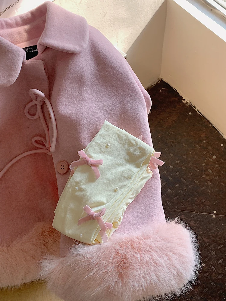 Spring And Autumn Milk White Hosiery Socks Girl's Heart Velvet Bow Pearl Outer Wear Body Stockings Slim Thigh High Panty Hose