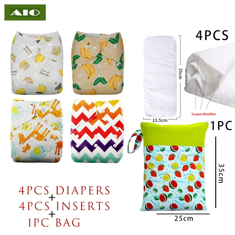 

[AIO] 4 diapers+4 Inserts +1 Wet Bag Washable Baby Cloth Diaper Reusable Infant Potty Pocket Eco Nappy Absorbent For 3-15KG babi