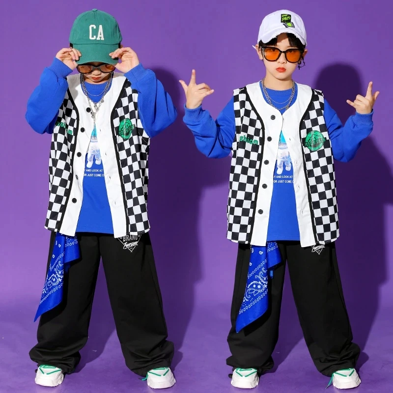 

Весенняя Спортивная одежда для мальчиков, клетчатый жилет, верх, однотонный свитшот, черные брюки, танцевальный костюм для девочек, уличная одежда для подростков