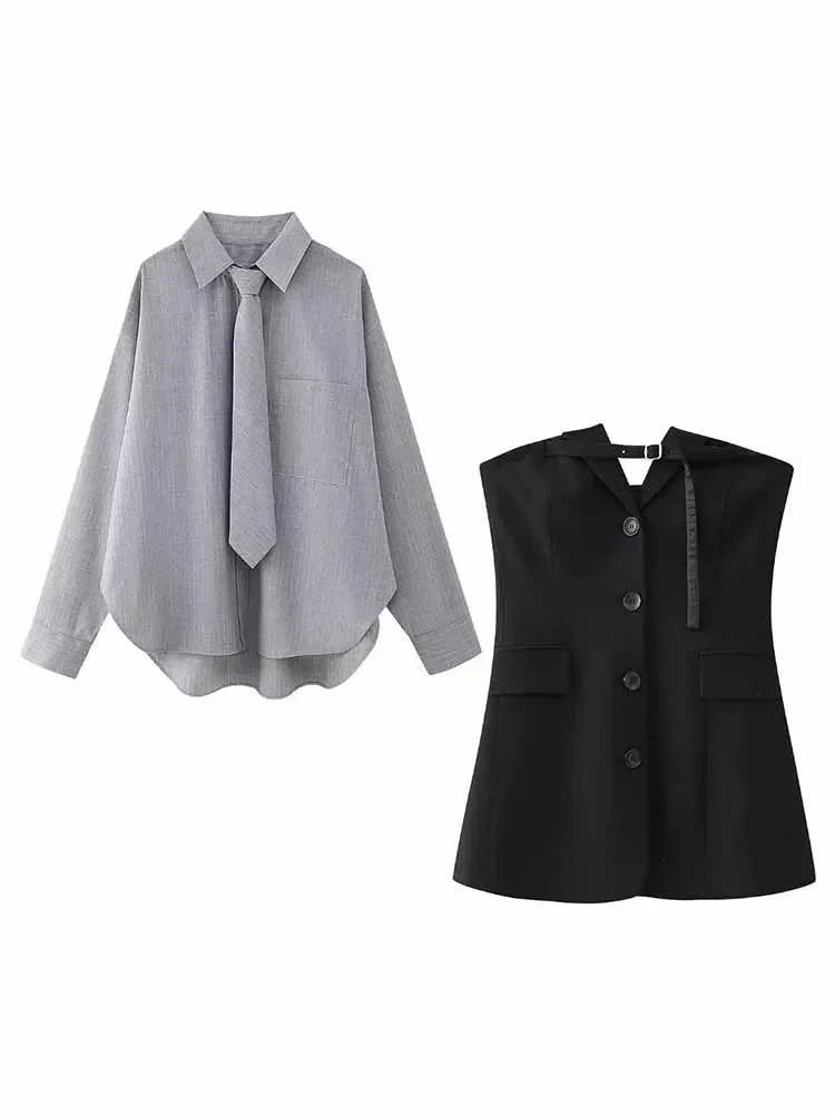 

Women 2023 New Fashion Tie decoration Loose striped Asymmetric Blouses Vintage Long Sleeve Button-up Female Shirts Chic Tops