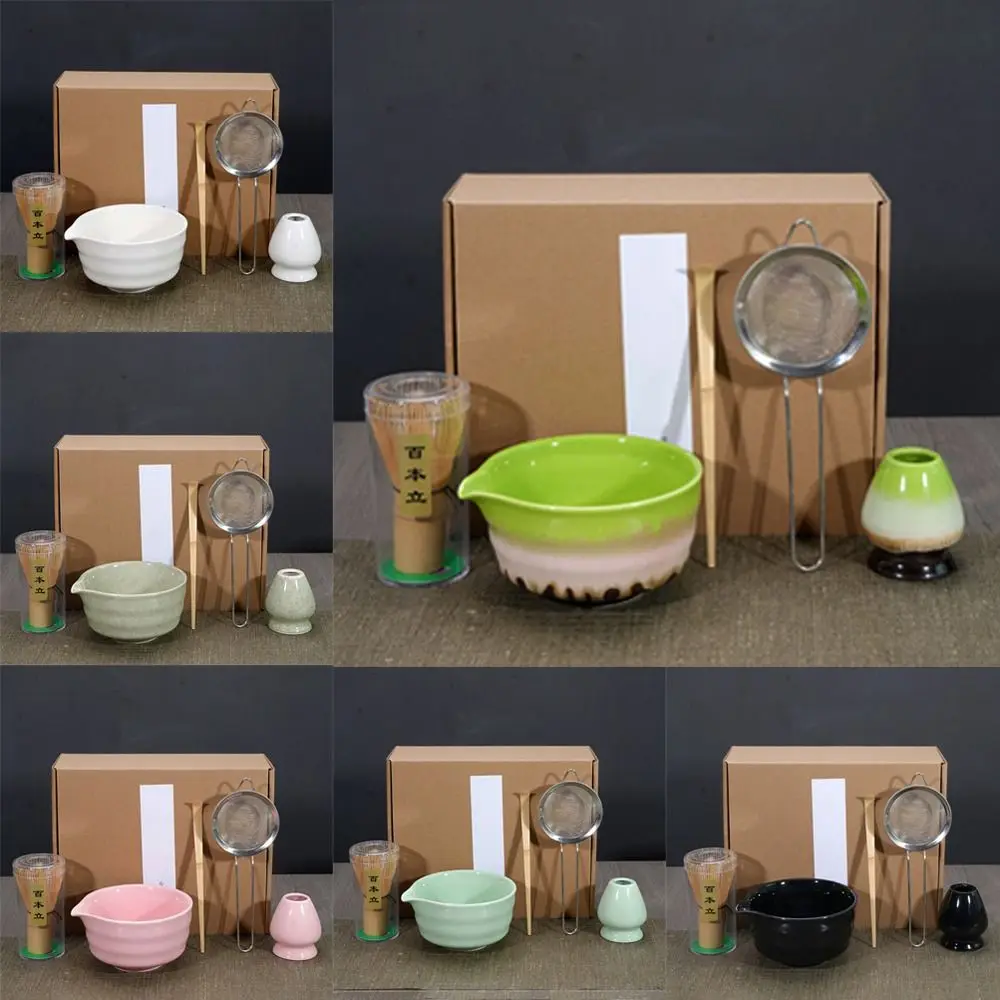 5pcs Traditional Bamboo Ceramic Japanese Matcha Tea Set with Spout Reusable Matcha Whisk Set Food Grade Safe Match Bowl Stirring