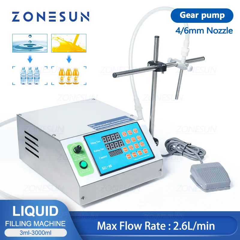 

ZONESUN Semi Automatic Gear Pump Liquid Filling Machine Bottle Filler Liquid Vial Juice Beverage Drink Oil Perfume Packaging