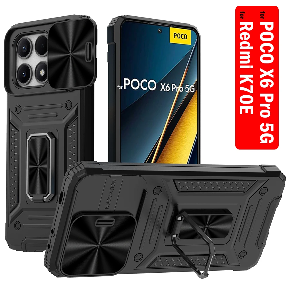 Slide Camera Funda Per Poco X6 Pro 5G Case Armor Metal Ring Stand Cover Protettiva Per Xiaomi Poco X6 Pro 5G Capa