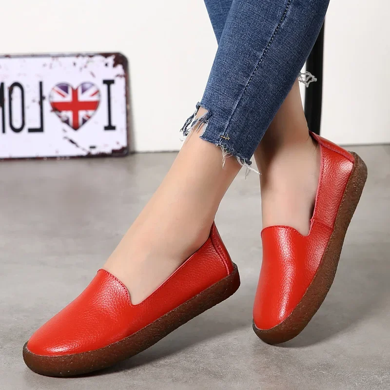 Flats Women Shoes Loafers Genuine Leather Woman Flats Slip On Women's Loafer Female Moccasins Shoe Plus Size 35-43