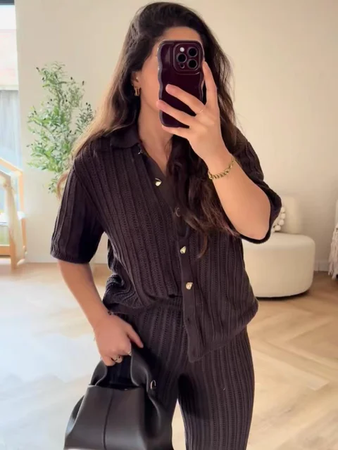 Vintage Knitted Loose Pants Set Women Brown Half Sleeve Lapel Single Breasted Cardigan Straight Trousers 2025 Fashion Solid Suit 5 Vintage Knitted Loose Pants Set Women Brown Half Sleeve Lapel Single Breasted Cardigan Straight Trousers 2025 Fashion Solid Suit 5
