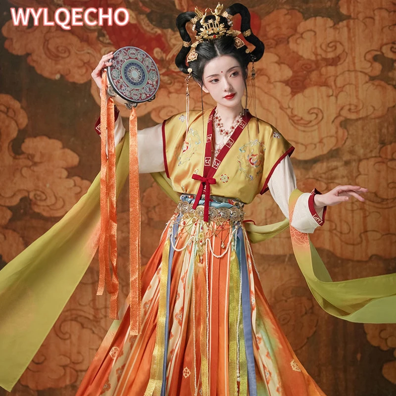 

2 Colors Summer Dunhuang Cosplay Fairy Costume Embroidery Tang Back Half Arm Tan Collar Waist Women Chinese Hanfu Skirt Dresses