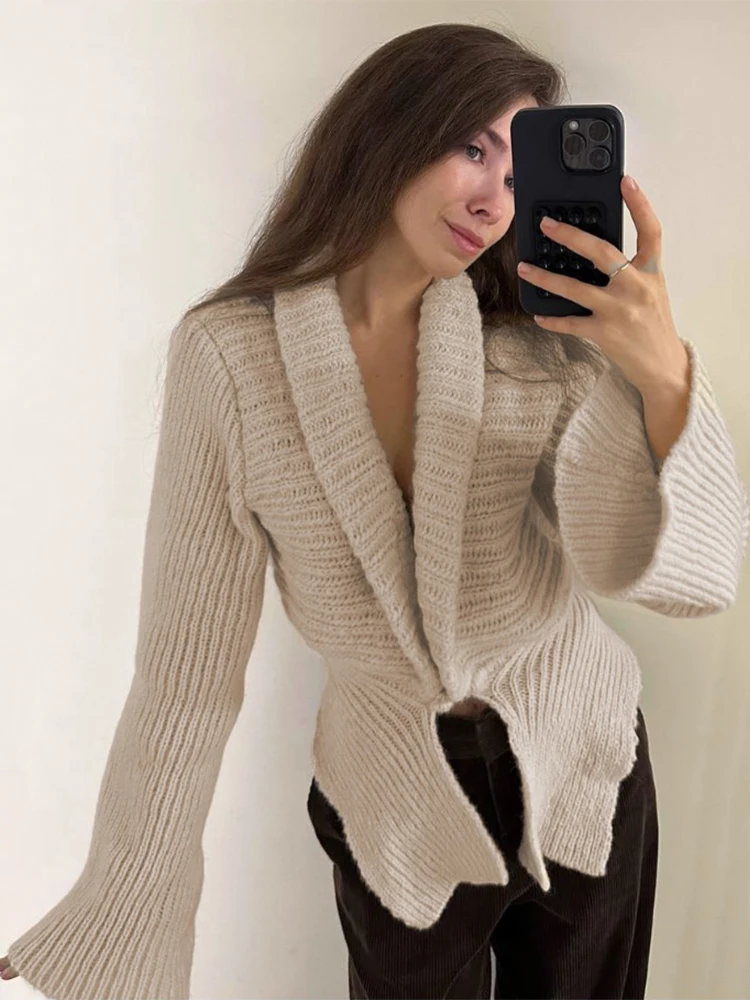 Nibber Autumn New Style Elegant Single Button Cardigan Sweater Coats Woman  Crochet Deep V-Neck Full Sleeve Office Style Jackets