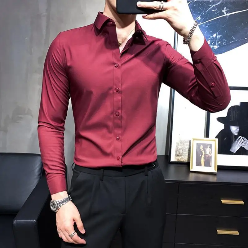 2023Spring and Autumn Men's Slim Fit Solid Button Spliced Open Line Decoration Casual Fashion Elegant Commuter Long Sleeve Shirt