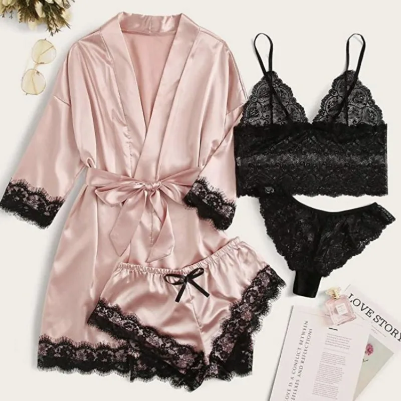 4Pcs/set bathrobe women's shower erotic lingerie home wear lace camisole shorts ladies solid colour nightgown pajamas four sets