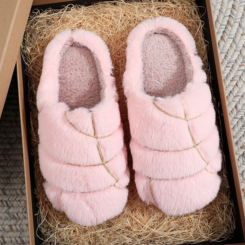 Winter Home Fur Platform Slipeprs for Women Comfort Non Slip Soft Sols Cotton Slides Woman Closed Toe Warm Plush Shoes Feamle