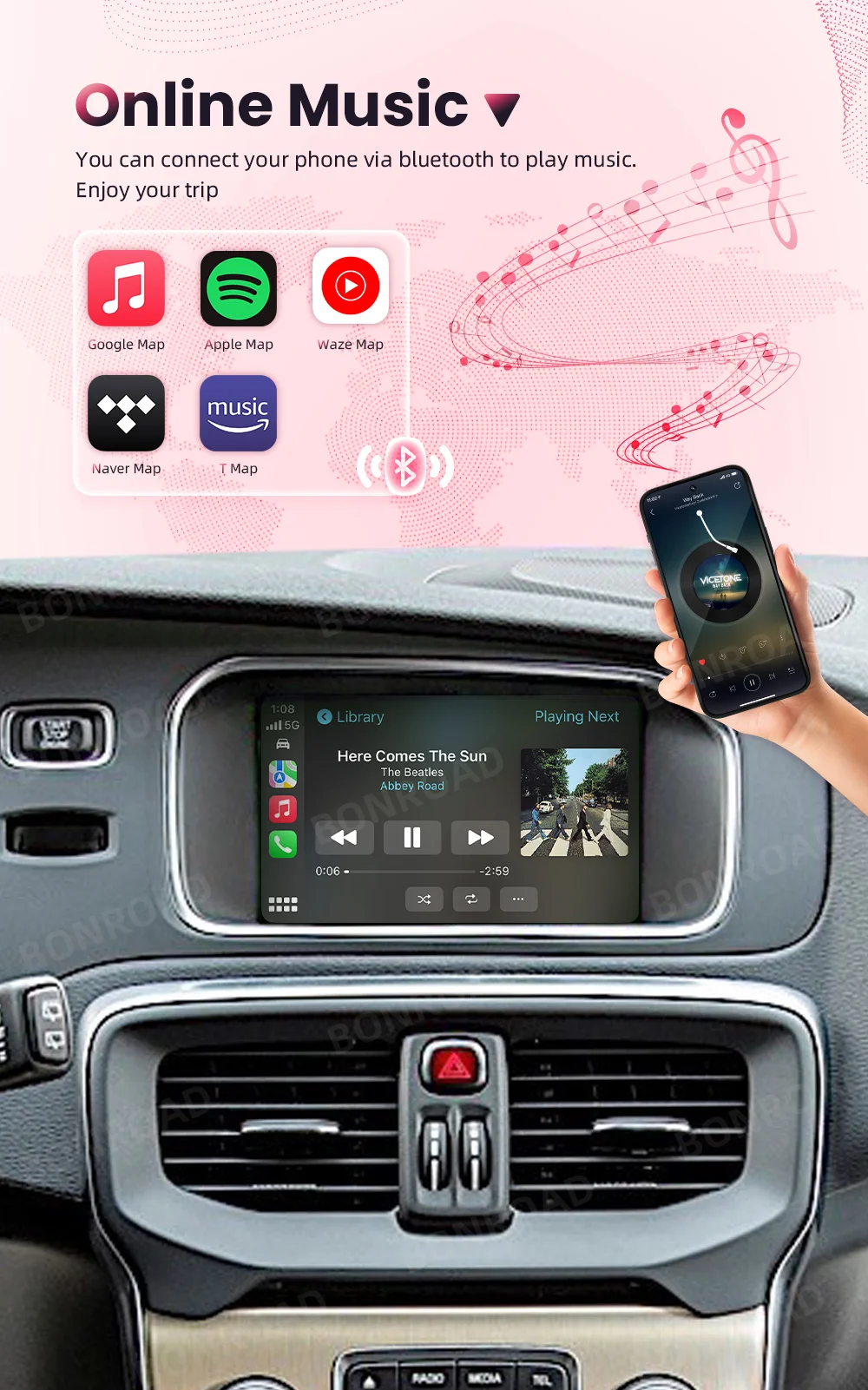 BONROAD Drahtloses Carplay Android-Automodul für Volvo XC60 XC70 S60 S80 V60 V70 V40 2015–2019 mit 7-Zoll-Bildschirm, Bluetooth-Musik – Detail 4