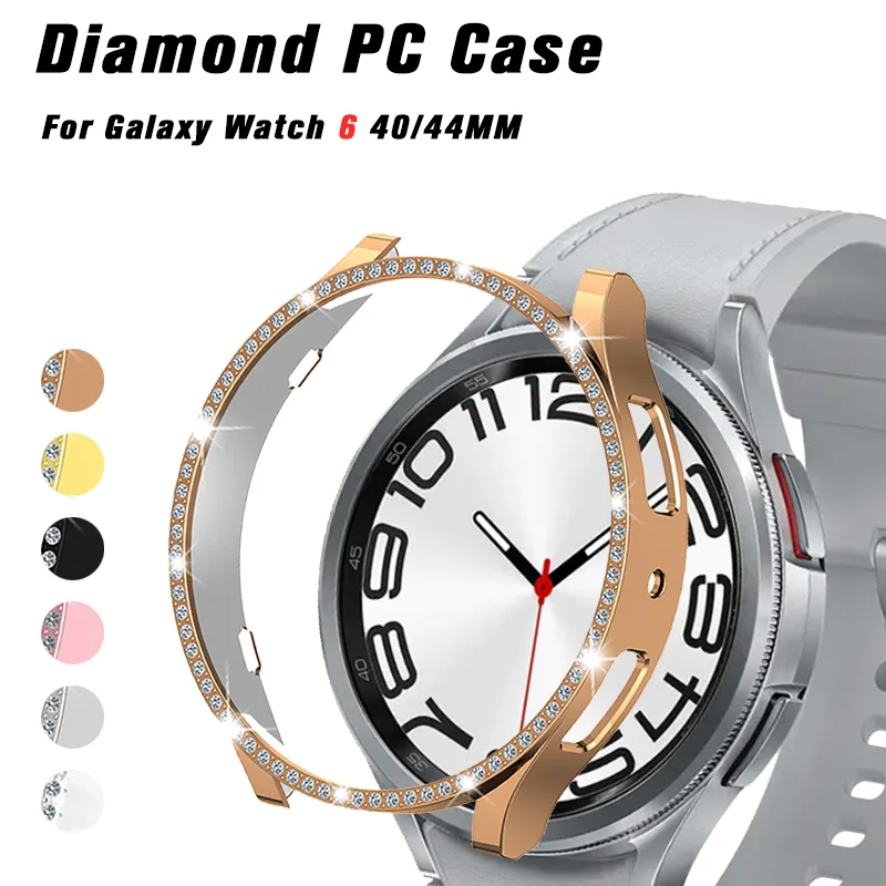 

Bling Protective Case for Samsung Galaxy Watch 6 40mm 44mm Watch Case PC Single Row Diamond Encrusted Protect Case Black Silver