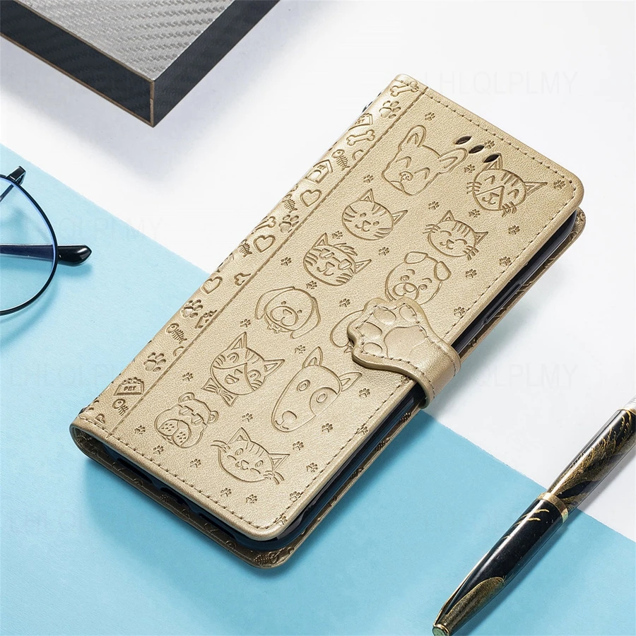 Leather Wallet Flip Case with Cat and Dog Motif Cover