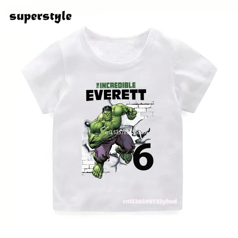 

New Summer Hulk Personalize Name Girl Birthday Shirt Children 2 3 4 5 6 7 8 Marvel Hulk Birthday White Short Sleeve Boy T-Shirt