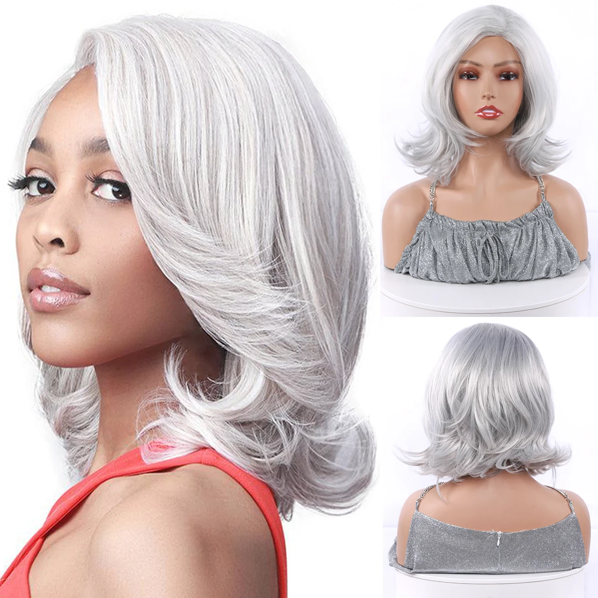 Short Straight Gray Hair Wigs for Women Shoulder Length Layered Natural Hairline Bob Sliver Grey Synthetic  Wig Cosplay 4pcs lot nordost valhalla audiophile speaker jumper link sliver plated for speakers bridge wire cable short wiring wbt y spade