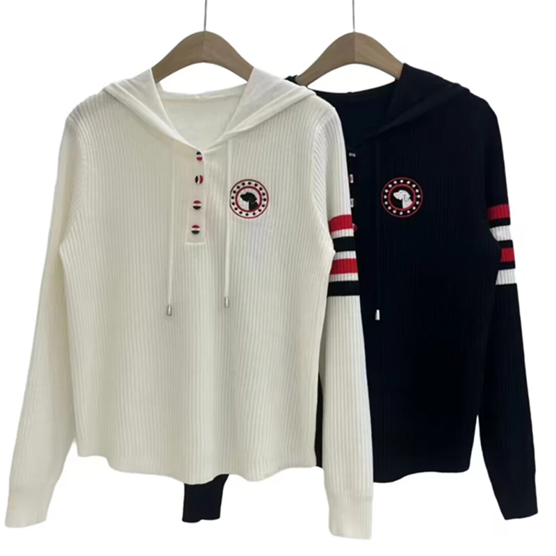 

2023 Autumn And Winter New Four-bar Color Webbing Puppy Jacquard Hooded Pullover Long Sleeve Sweater Top Tide