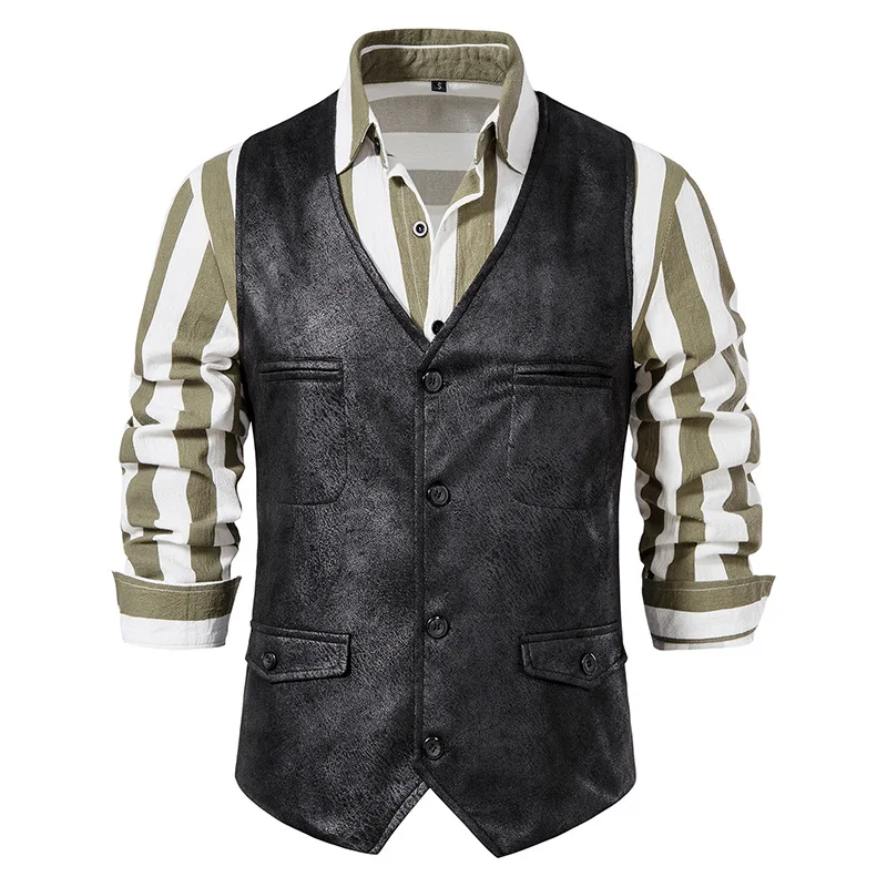 Vintage Vest Mens Faux leather V-Neck Sleeveless Jackets Fashion Single Breasted Casual Classical Suit Business Slim Fit Costume