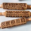 Christmas Rolling Pin with Reindeer Flower Patterns, Wooden Embossed 3D Cookie Mold Laser Engraved DIY Baking Tools Dough Roller 5