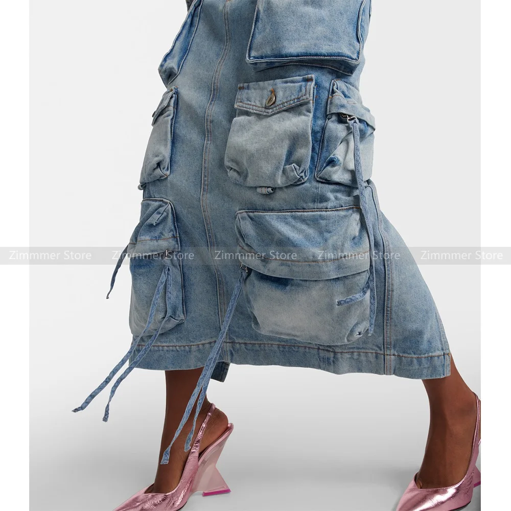 

Women's 23 years spring and autumn new heavy duty washed and old fashionable multi-pocket workwear half-body skirt