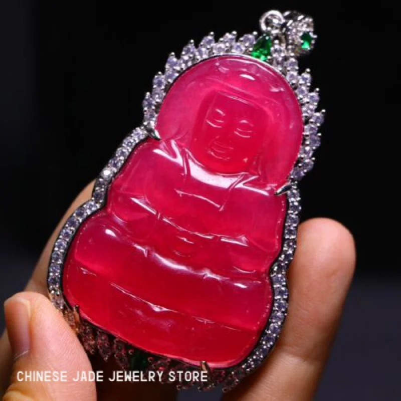 

.Perfect High Ice Chinese Pink Red Jade Precision Carved Guanyin Pendant m201