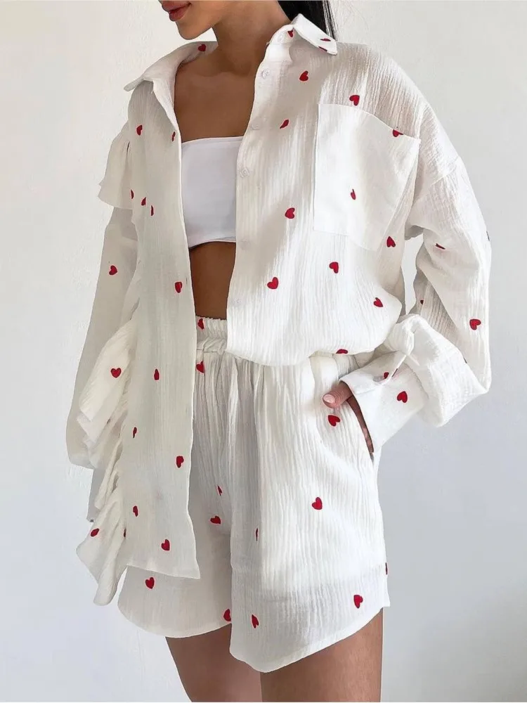 

Cotton Women Tracksuit Shirt Shorts Two Piece Set Fashion Ruffle Love Long Sleeve Shorts Suit 2023 Summer Casual Female Outfits