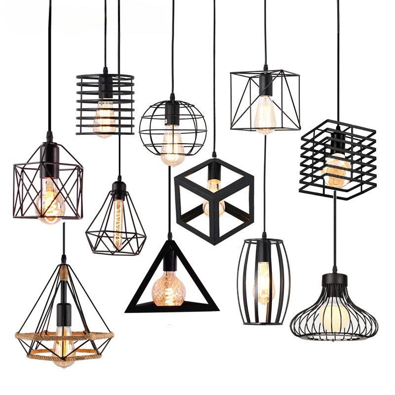 

Modern Cage Pendant Light E27 Iron Minimalist Vintage Scandinavian Loft Pyramid Pendant Lamp Metal Hanging Ceiling Lamp Fixtures