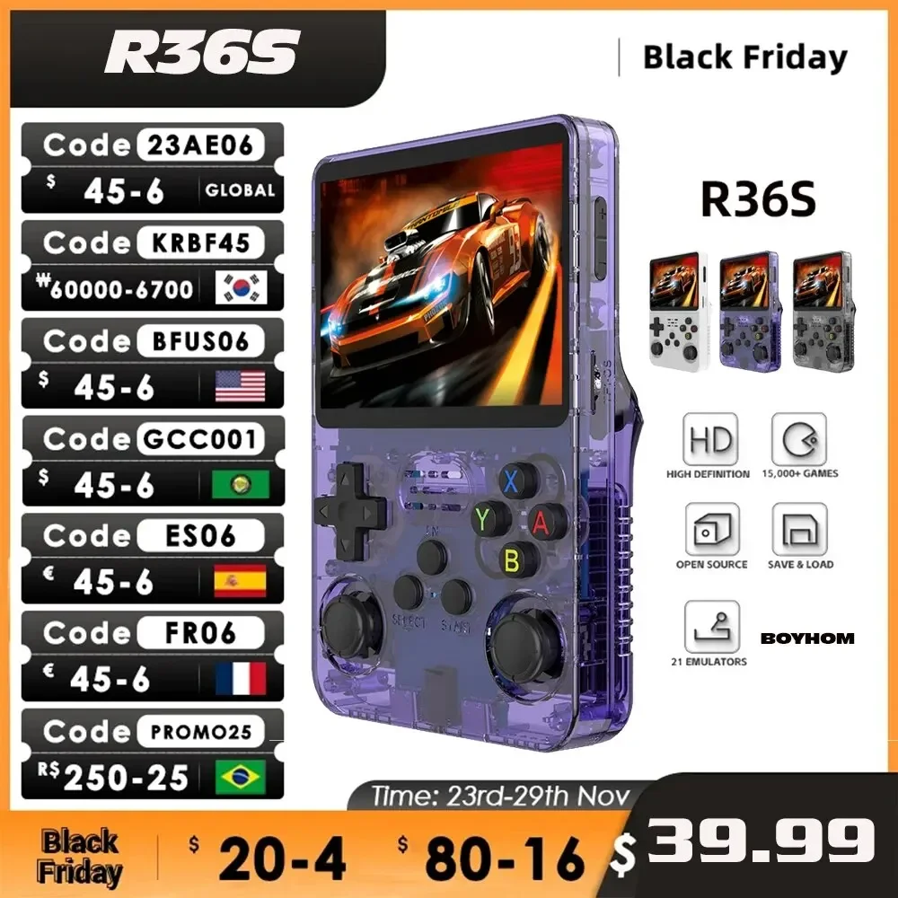 

Open Source R36S Retro Handheld Video Game Console Linux System 3.5 Inch IPS Screen Portable Pocket Video Player R35S 64GB Games