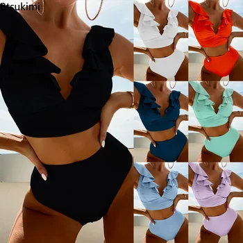 2025 Women's Sexy High Waist Swimsuit Ruffle Bikinis Push Up Bikinis Set Summer Beach Wear Bathing Suit Female Solid Swimwear