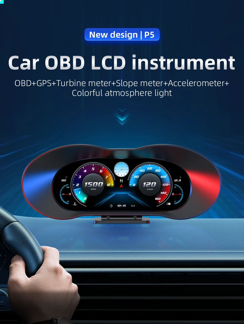 OBD GPS Dual System HUD P5 OBD2 Head Up Display Digital Speedometer Slope Meter