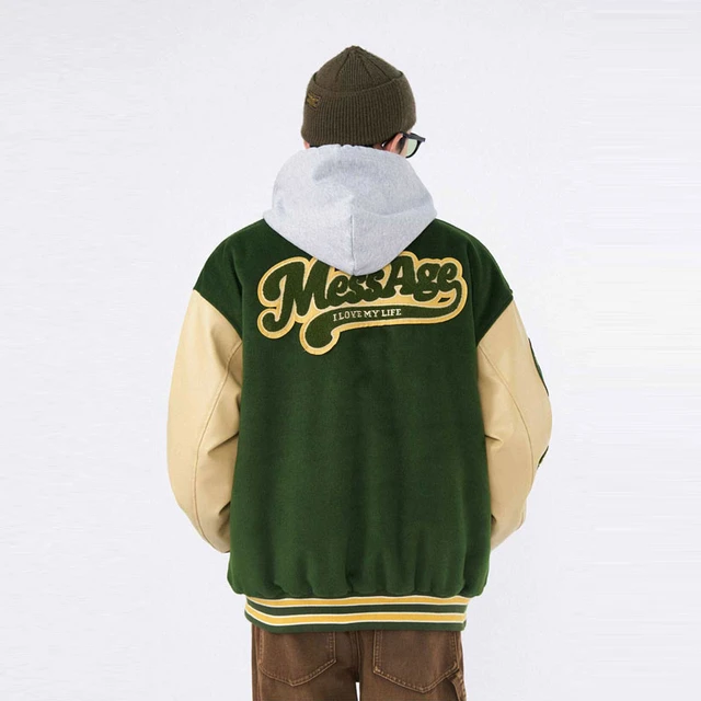 High Street Baseball Jacket Men PU Leather Splice Towel Embroidery Varsity  Jackets Vintage Loose Causal Coat Couple Green Jacket - AliExpress