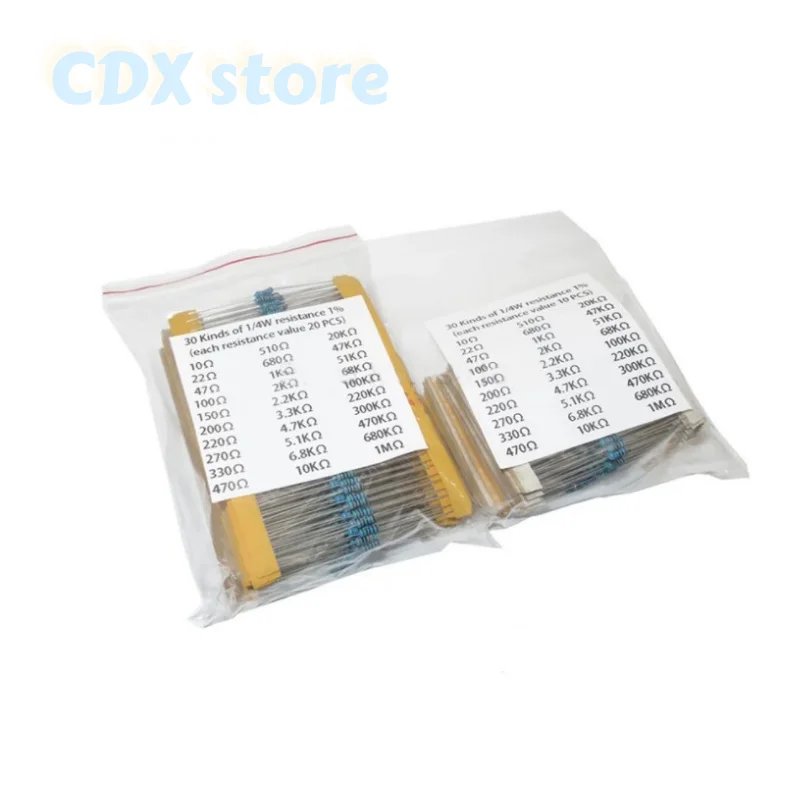 

600PCS/Set 30 Kinds 1/4W Resistance 1% Metal Film Resistor Pack Assorted Kit 1K 10K 100K 220ohm 1M Resistors 300PCS/Set