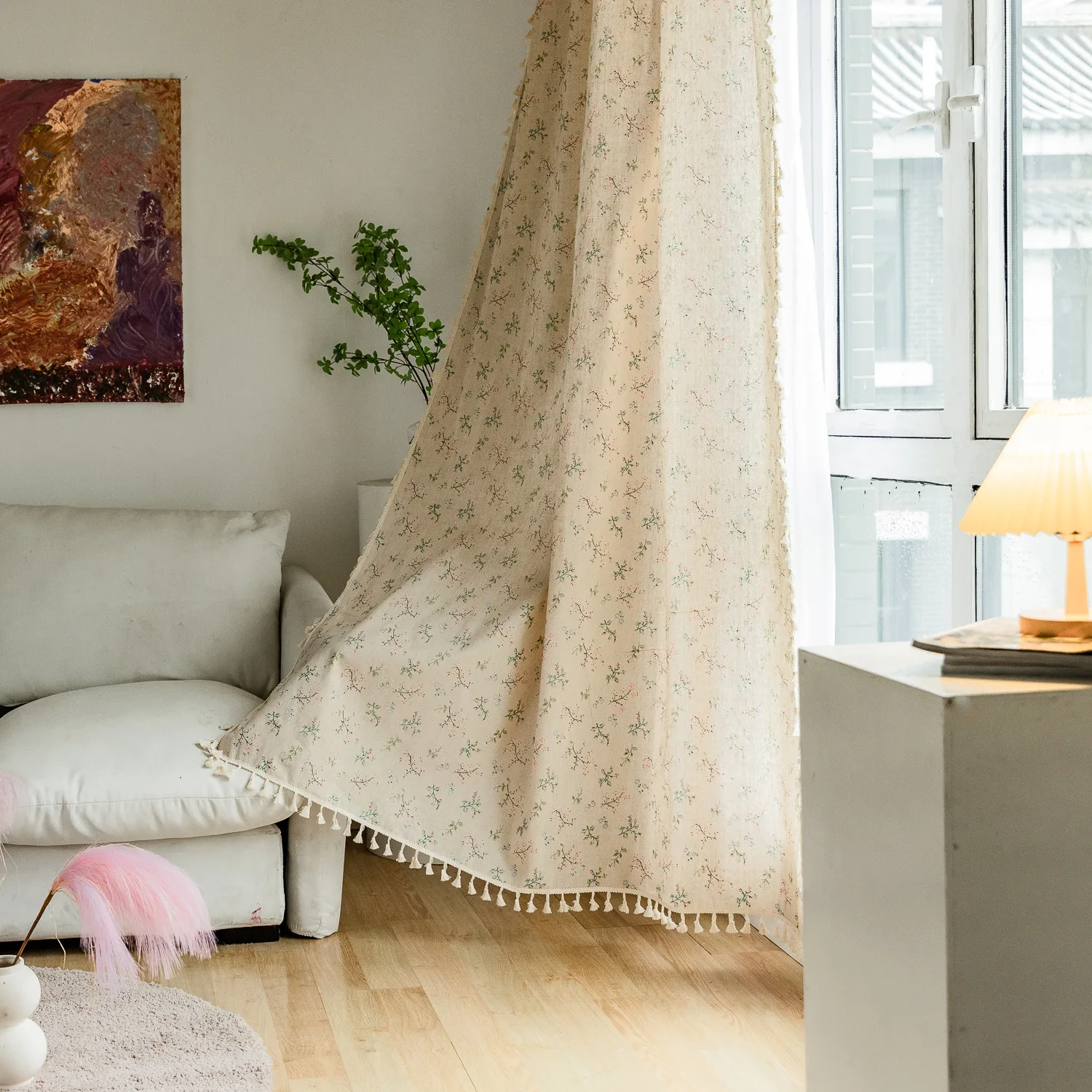 

Floral Farmhouse Curtains Semi-Blackout Living Room Drapes Cotton Linen Bohemian Window Curtain Panels with Tassel 1 Panel