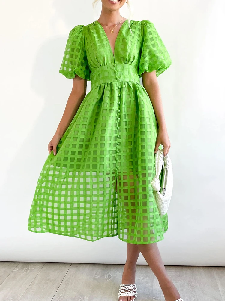 

Elegant Plaid Long Dresses Women Summer Lantern Sleeve V Neck Button Dress Female Casual Chic Hollow Out High Waist Party Dress