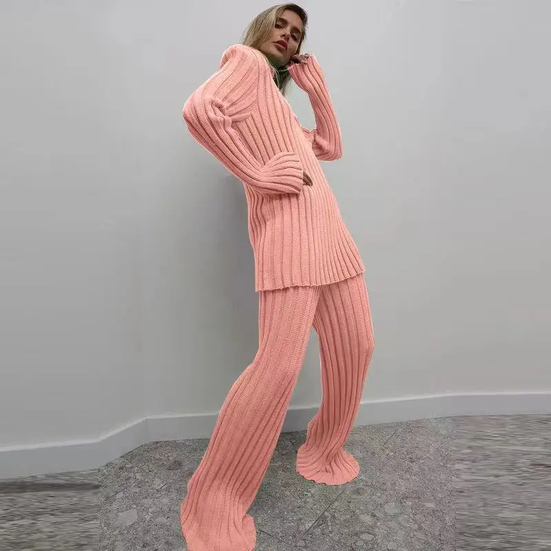 Two Piece Ribbed Knit Sets Women Tracksuit Oversized Suit 2022 Spring Pantsuits Female Sweatshirt Solid Sportswear Dropshipping