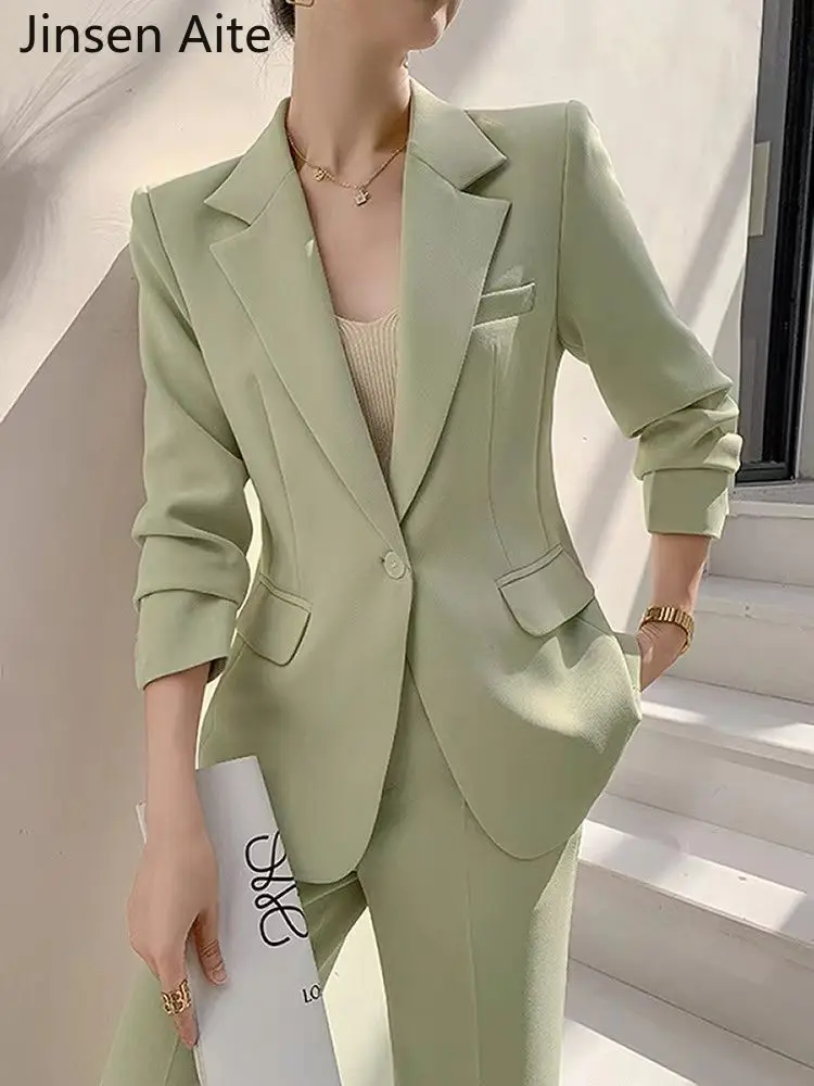 Jinsen Aite Women Suits Office Sets Long Sleeve Casual Temperament Blazer Women Vintage Slim Solid Pants 2 Piece Sets