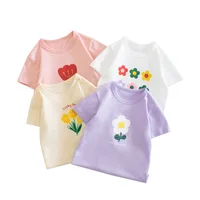 2025 Korean Summer Flower Short Sleeve T-shirts For Girls 2-8 Years Cotton Toddler Girl Tops Baby Girl Tees Clothes