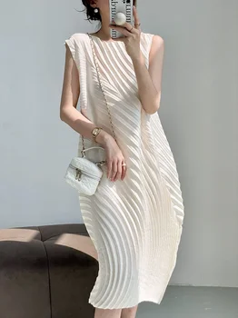 Miyake Hand Circle Pleated Sleeveless Dress Designer Long Round Neck Elegant Loose Summer Korean Style Aesthetic Clothes
