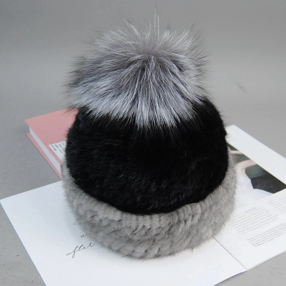 Top Quality Natural Fox Fur Pom Poms Beanie Lady Fashion Women's Winter Knitted Mink Fur Patchwork Real Mink Fur Hat Cap 3